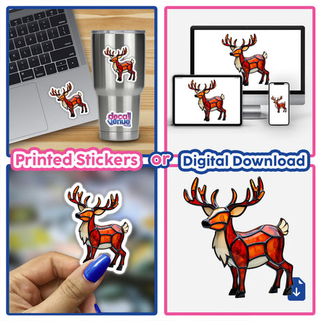 Reindeer Stained Glass Style design featuring a collage of deer imagery, available as unique stickers or digital artwork, reflecting Decal Venue’s creative approach to decorative pieces.