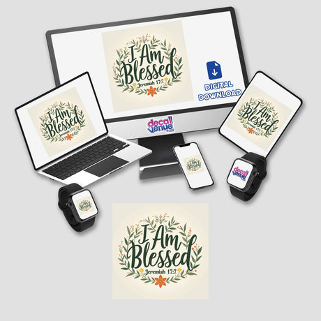 I Am Blessed - Jeremiah 17:7 |Faith-Based Sticker or Clipart featuring a green and orange floral wreath surrounding the text, suitable for commercial use on laptops, tablets, and phones.