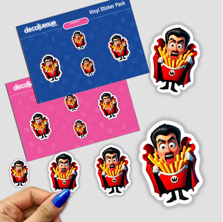 Funny Dracula French Fries stickers featuring a cartoon character holding a box of fries, available as stickers or digital artwork.