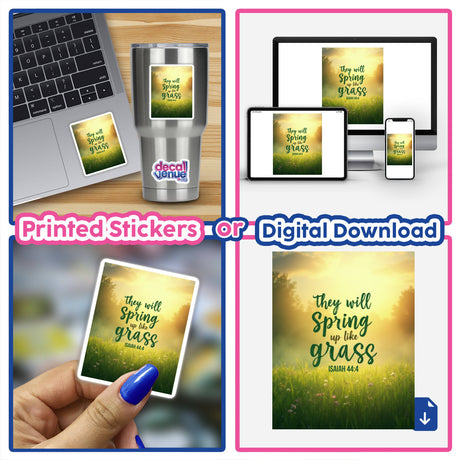 They Will Spring Up Like Grass – Isaiah 44:4 – Bible Verse Sticker or Clipart features a laptop with a vinyl sticker, ideal for customization and digital use, available with commercial rights.