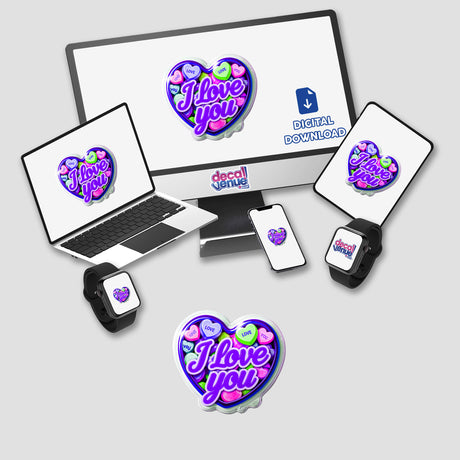 I Love You Valentine's Day Heart sticker displayed on a laptop screen, featuring a heart-shaped design. Available as a sticker or digital artwork from Decal Venue.