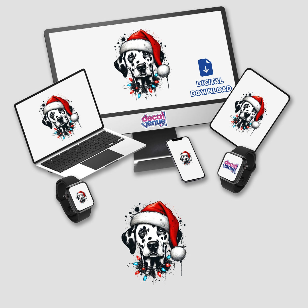 Tangled Lights Dalmatian Dog Santa depicted on a computer monitor and laptop, showcasing the playful digital artwork available as stickers or digital downloads.