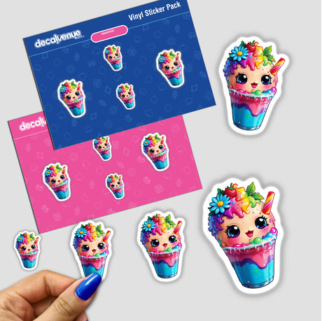 Fruity Fun: Happy Slurpie with Rainbow Floral Splash Sticker featuring a cartoon ice cream cone adorned with colorful flowers, available as individual stickers or in a sticker pack.