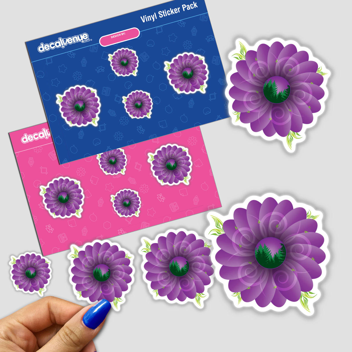 Purple daisy flower stickers on a Decal Venue branded sticker pack