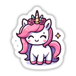 Adorable pink unicorn sticker with floral crown and sparkling details