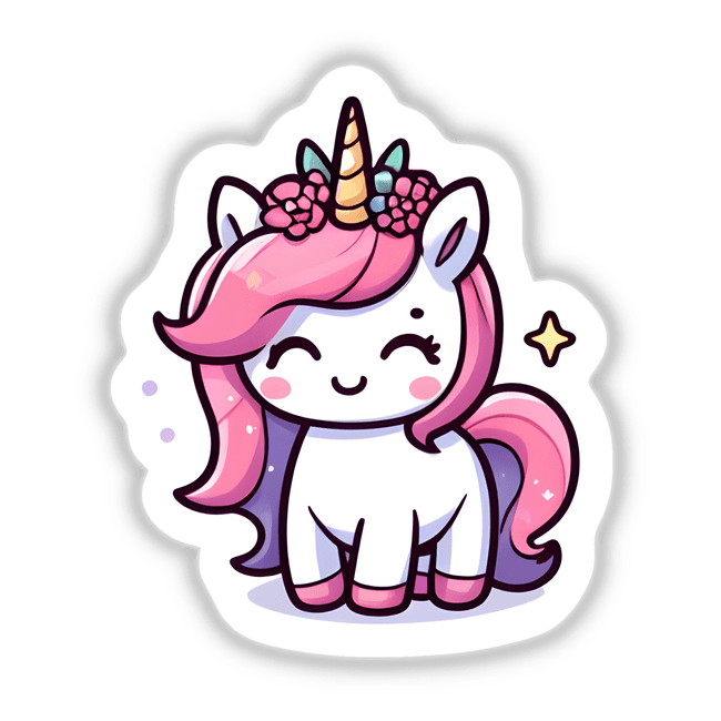 Adorable pink unicorn sticker with floral crown and sparkling details