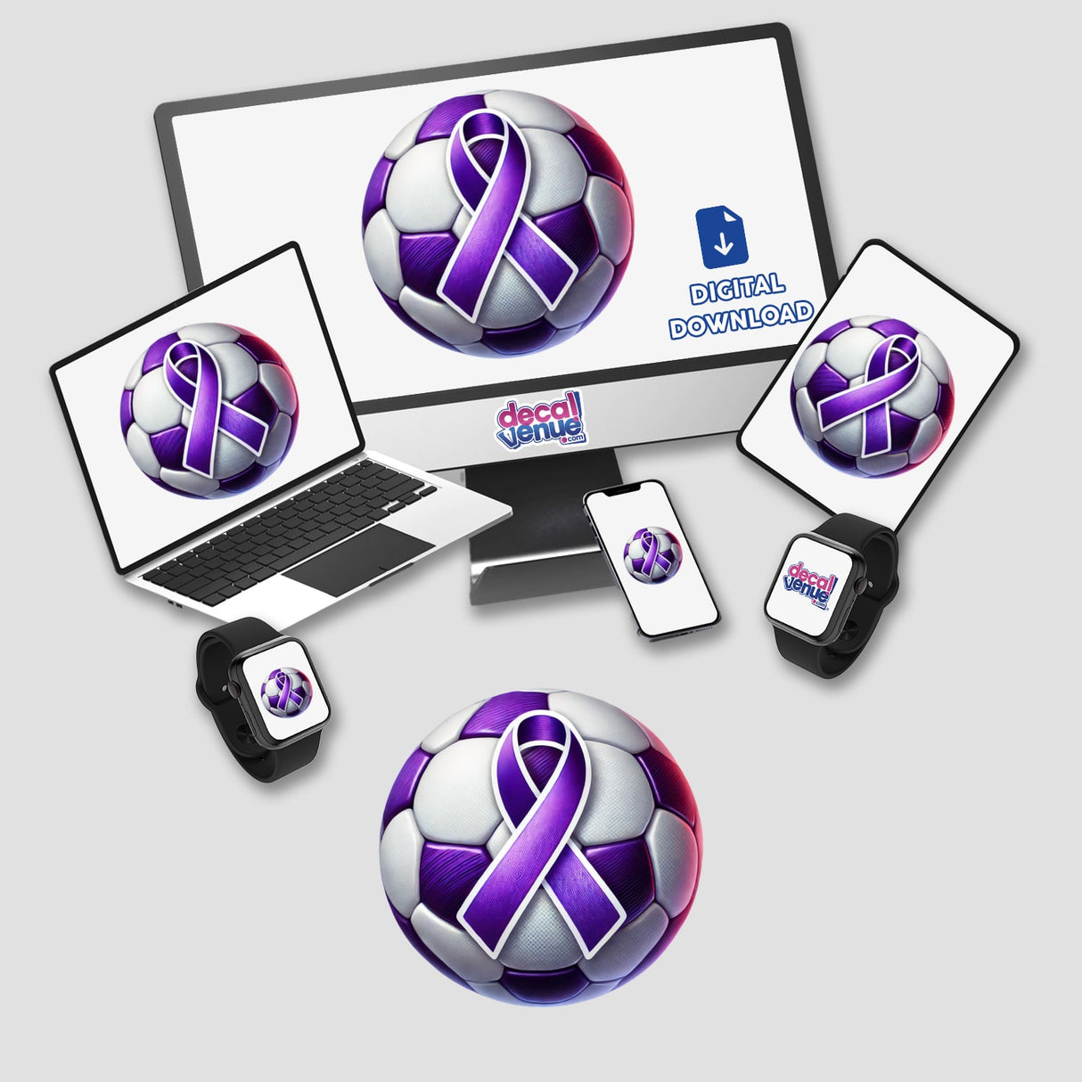 Soccer Ball Purple Ribbon stickers or digital artwork, showcasing a soccer ball adorned with a purple ribbon. The product is displayed on various devices, emphasizing its versatility and unique design.