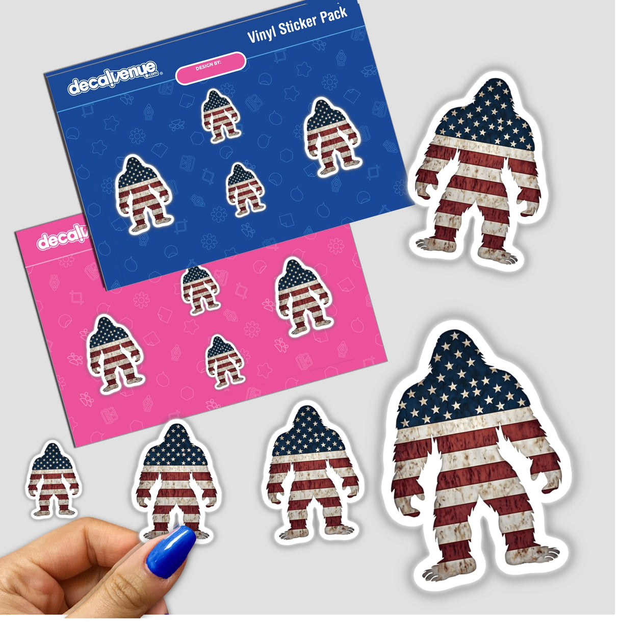 American Sasquatch sticker featuring a large yeti holding a flag, designed as a unique vinyl decal. Perfect for collectors and enthusiasts of mythical creatures and patriotic themes.