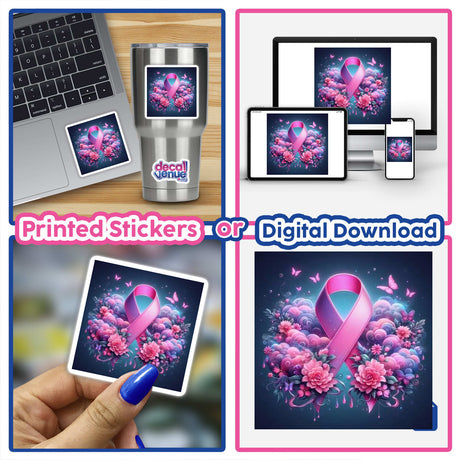 Breast Cancer Silver Series 5: Collage featuring a laptop with a pink ribbon, close-up of a hand holding a pink ribbon photo, and a laptop screenshot. Available as stickers or digital artwork.