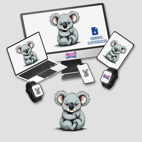 Sad Koala Cartoon Character displayed on various devices including a computer monitor, laptop, mouse pad, and smartwatch, available as stickers or digital artwork from Decal Venue.