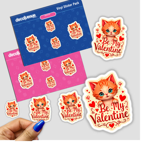 Be My Valentine Valentine's Day Kitten sticker pack featuring various cat designs and text. A hand holding one sticker is visible, highlighting the detailed, unique artwork typical of Decal Venue.