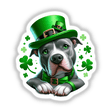 Sitting Pretty Irish Clovers Pitbull Leprechaun: A cartoon pitbull wearing a green hat and bow tie, available as a sticker or digital artwork from Decal Venue.