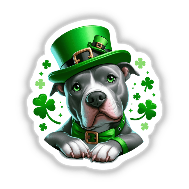 Sitting Pretty Irish Clovers Pitbull Leprechaun: A cartoon pitbull wearing a green hat and bow tie, available as a sticker or digital artwork from Decal Venue.