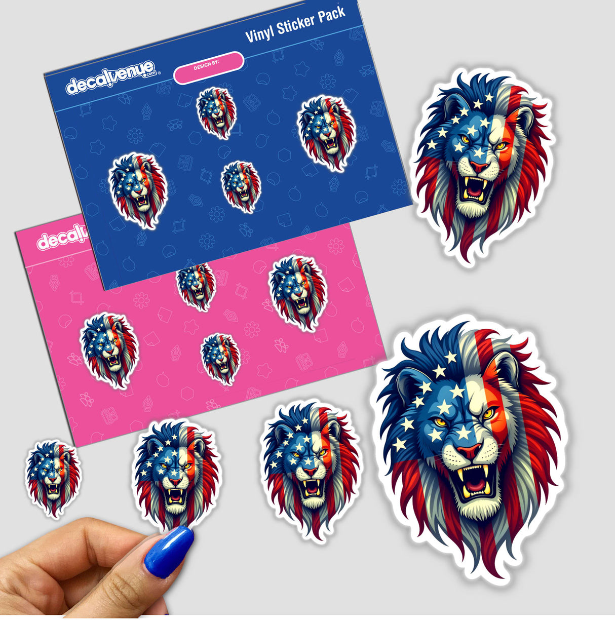 A Cool American Flag Lion sticker features a lion's face adorned with American flag colors, available as a sticker or digital artwork from Decal Venue's unique collection.