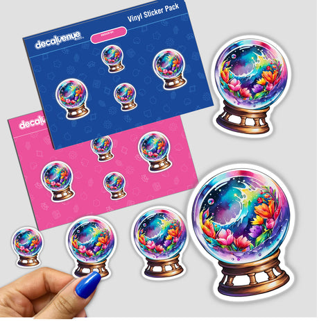 Hand holding a Crystal Ball Galaxy Landscape: Cosmic Sticker Design with intricate, colorful patterns, emphasizing its detailed and unique cosmic artwork.