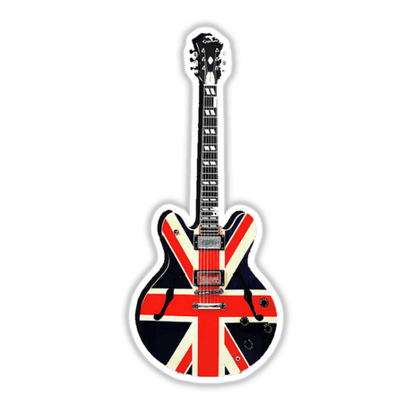 Union Jack Electric Guitar featuring a striking flag design, available as stickers or digital artwork, epitomizing Decal Venue's unique collection of musical-themed decorative art.