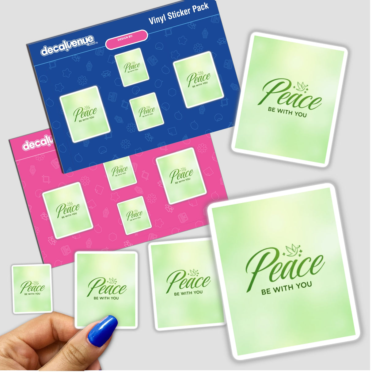 Hand holding Peace Be With You St. Patrick’s Day sticker pack, featuring various designs, available as physical stickers or digital clipart with commercial rights from Decal Venue.