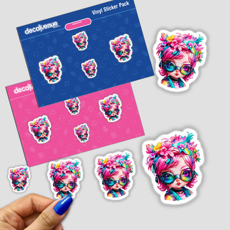 Sticker pack featuring Cyberpunk Cutie: Pink-Haired Girl with Rainbow Floral Splash, showcasing vibrant cartoon characters. Close-ups include detailed eyes, colorful glasses, and a hand holding a sticker.