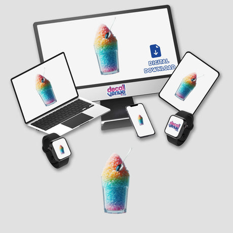 Colorful shaved ice digital artwork displayed on various electronic devices from the Decal Venue store