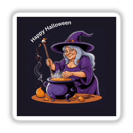 Happy Halloween Witch Sticker: Cartoon of a witch cooking in a cauldron with a purple cat nearby, perfect for unique stickers or digital artwork from Decal Venue.