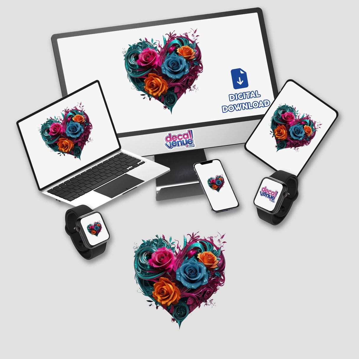 Teal and Magenta Heart with Pink Blue and Orange Roses displayed on a computer monitor and laptop screen, showcasing unique floral digital artwork available as stickers or digital art.