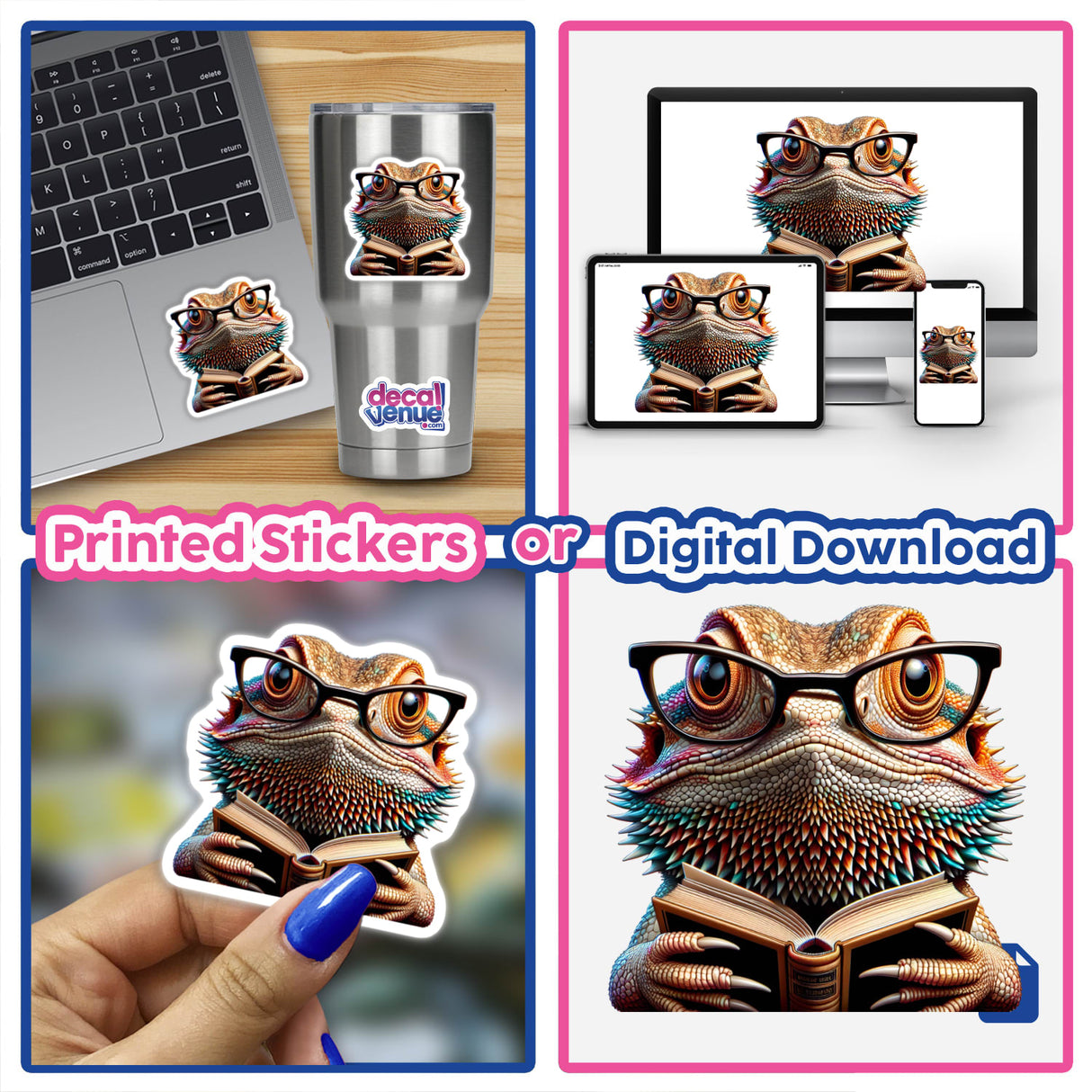 Bearded Dragon With Reading Glasses Open Book sticker collage, featuring a lizard cartoon wearing glasses and reading, ideal for laptops. Available as stickers or digital artwork.