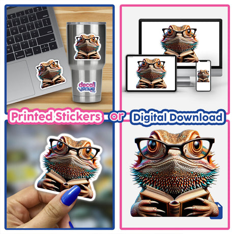 Bearded Dragon With Reading Glasses Open Book sticker collage, featuring a lizard cartoon wearing glasses and reading, ideal for laptops. Available as stickers or digital artwork.