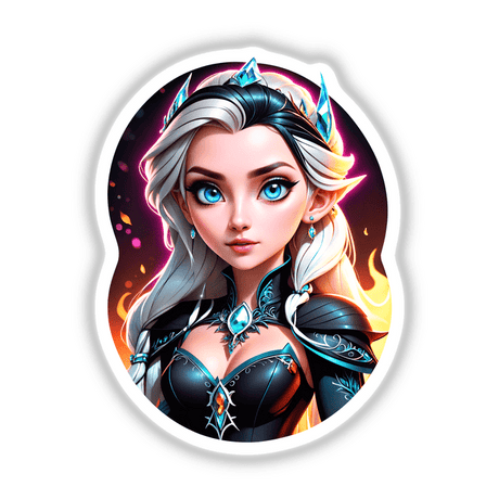 An Evil Queen Anime Girl sticker featuring a cartoon woman with blue eyes, long white hair, and a crown, available as unique vinyl stickers or digital artwork from Decal Venue.