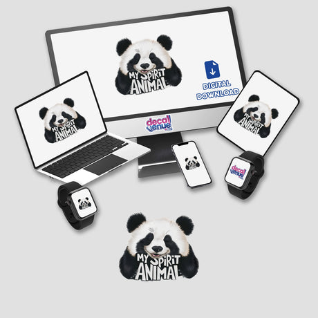 Artistic panda digital artwork featuring "My Spirit Animal" design on various electronic devices and accessories in a Decal Venue store layout.