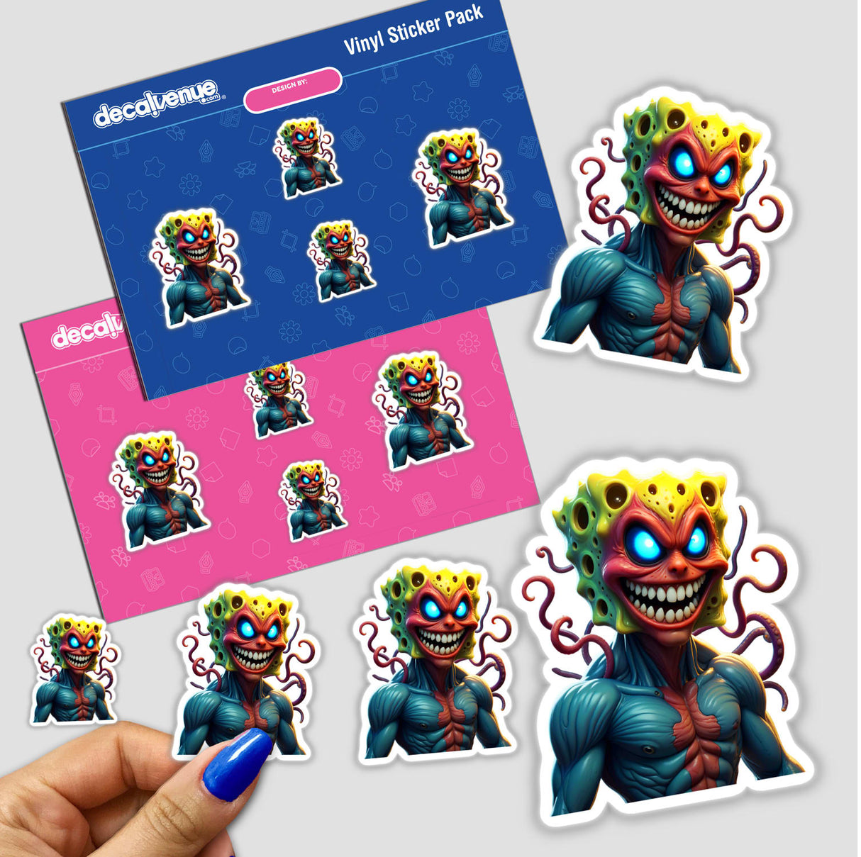 Alien Mutant Superhero Villain sticker pack featuring cartoon characters with large mouths, tentacles, and distinctive features, held by a hand. Available as stickers or digital artwork.