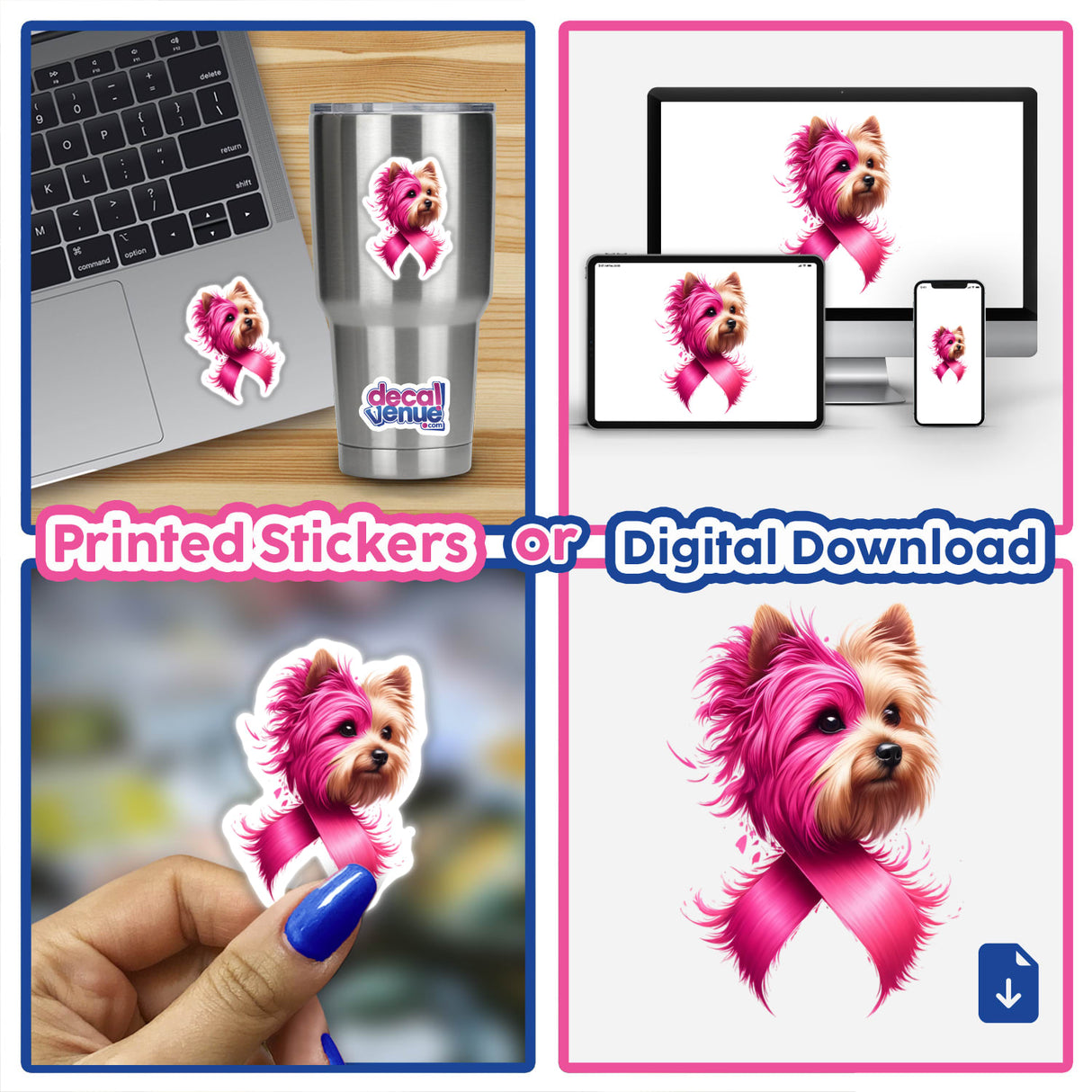 Pink Ribbon Yorkie Dog Breast Cancer digital artwork collage featuring a Yorkie with pink hair and ribbon, nail painting, and sticker-covered items. Available as stickers or digital artwork.