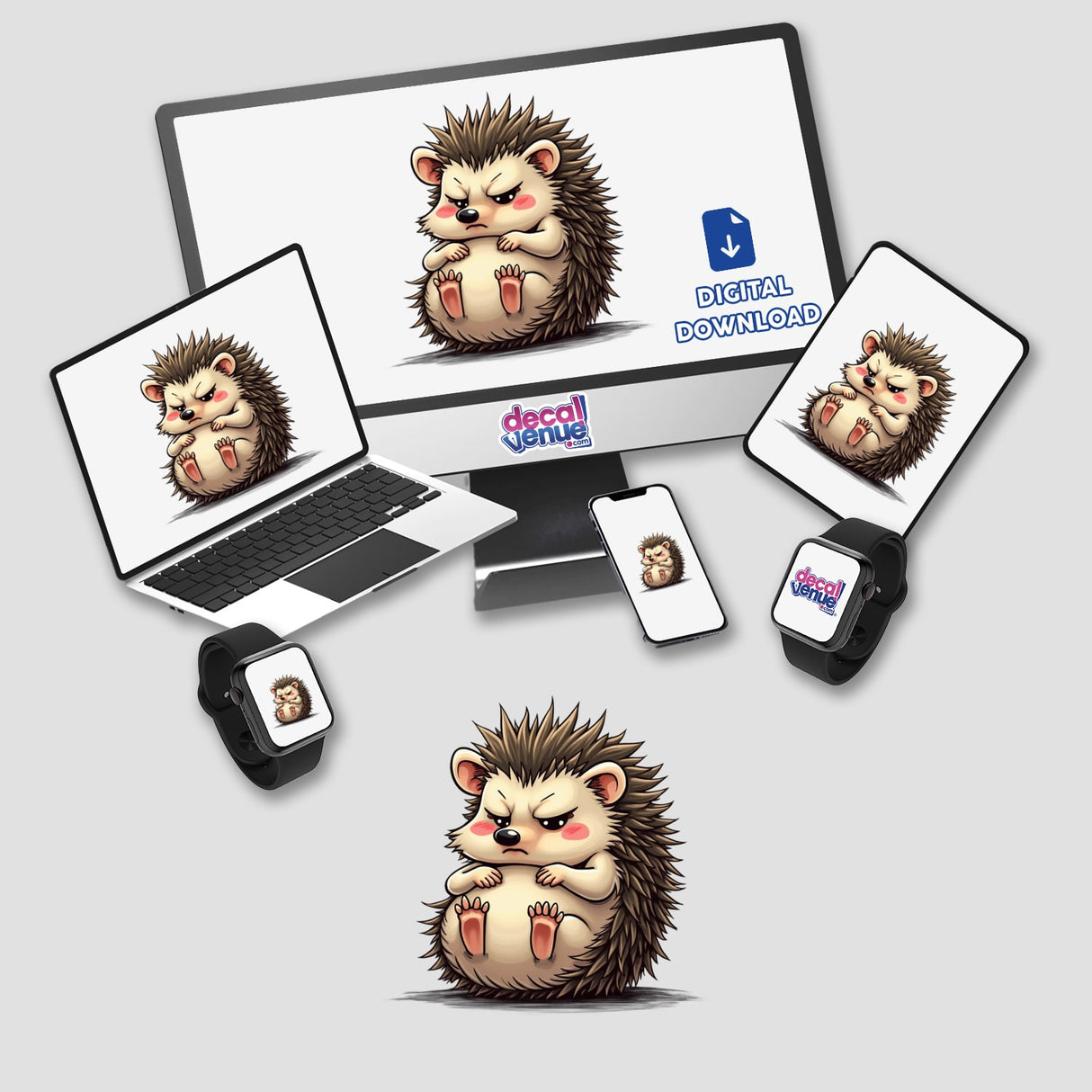 Cute Grumpy Hedgehog Cartoon Art displayed on various electronic devices, including a laptop, tablet, smartphone, and smartwatch, available as stickers or digital artwork from Decal Venue.