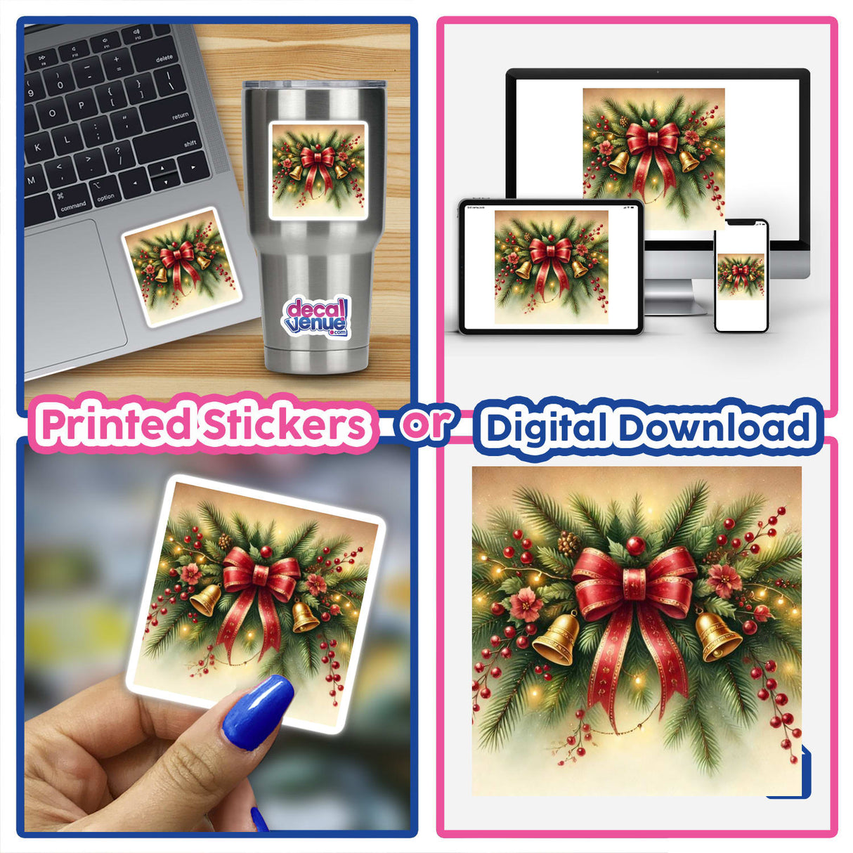 Collage featuring Holiday Garland - Evergreen Boughs with Red Bows Watercolor on a laptop with a sticker, plus festive Christmas decorations and digital artwork.