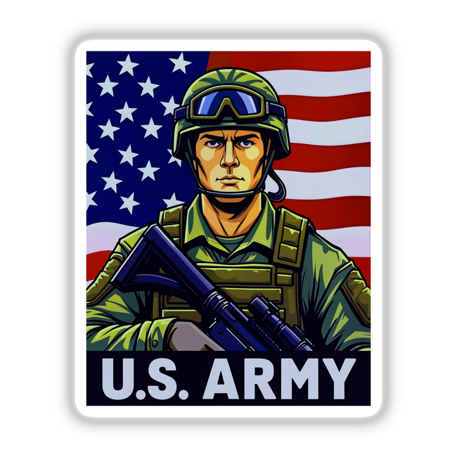 U.S. Army - American Soldier With Flag sticker or digital artwork featuring a soldier in military uniform with helmet and goggles, holding a gun against a stylized flag background.