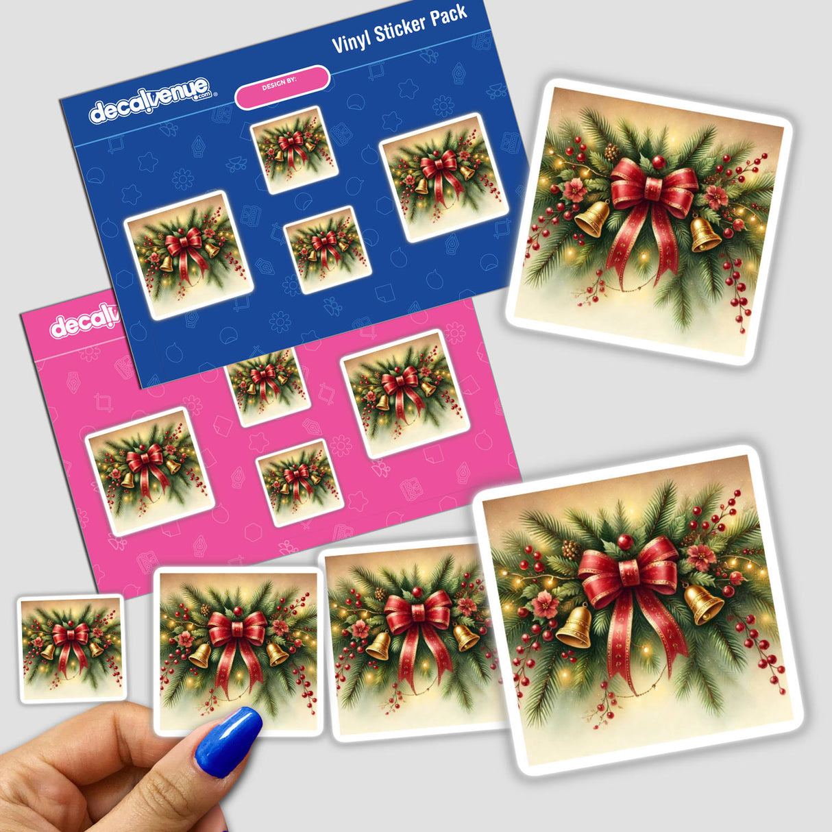 Holiday Garland - Evergreen Boughs with Red Bows Watercolor: close-up of festive stickers featuring bells, red bows, and evergreen boughs.