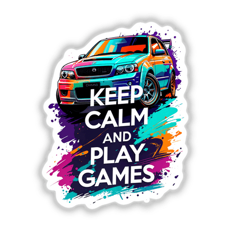 Keep Calm And Play Games Gaming Quote depicted on a car with paint splashes, available as stickers or digital artwork. A distinctive design element ideal for gaming enthusiasts from Decal Venue.