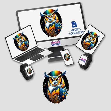 A Cool Hybrid Hawk Owl displayed on a computer monitor and laptop, offered as stickers or digital artwork, featuring a cartoon owl design with digital detailing.