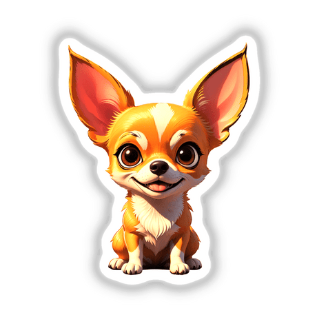 Cute Chihuahua cartoon with big ears, available as stickers or digital artwork from Decal Venue. Ideal for fans of unique vinyl stickers and digital art.