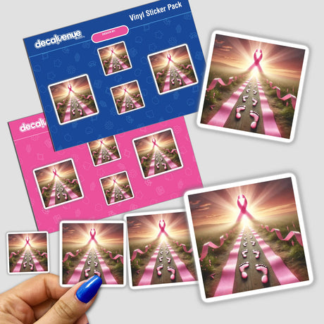 A hand holding the Journey to Recovery - Footsteps Leading to a Pink Ribbon sticker pack.