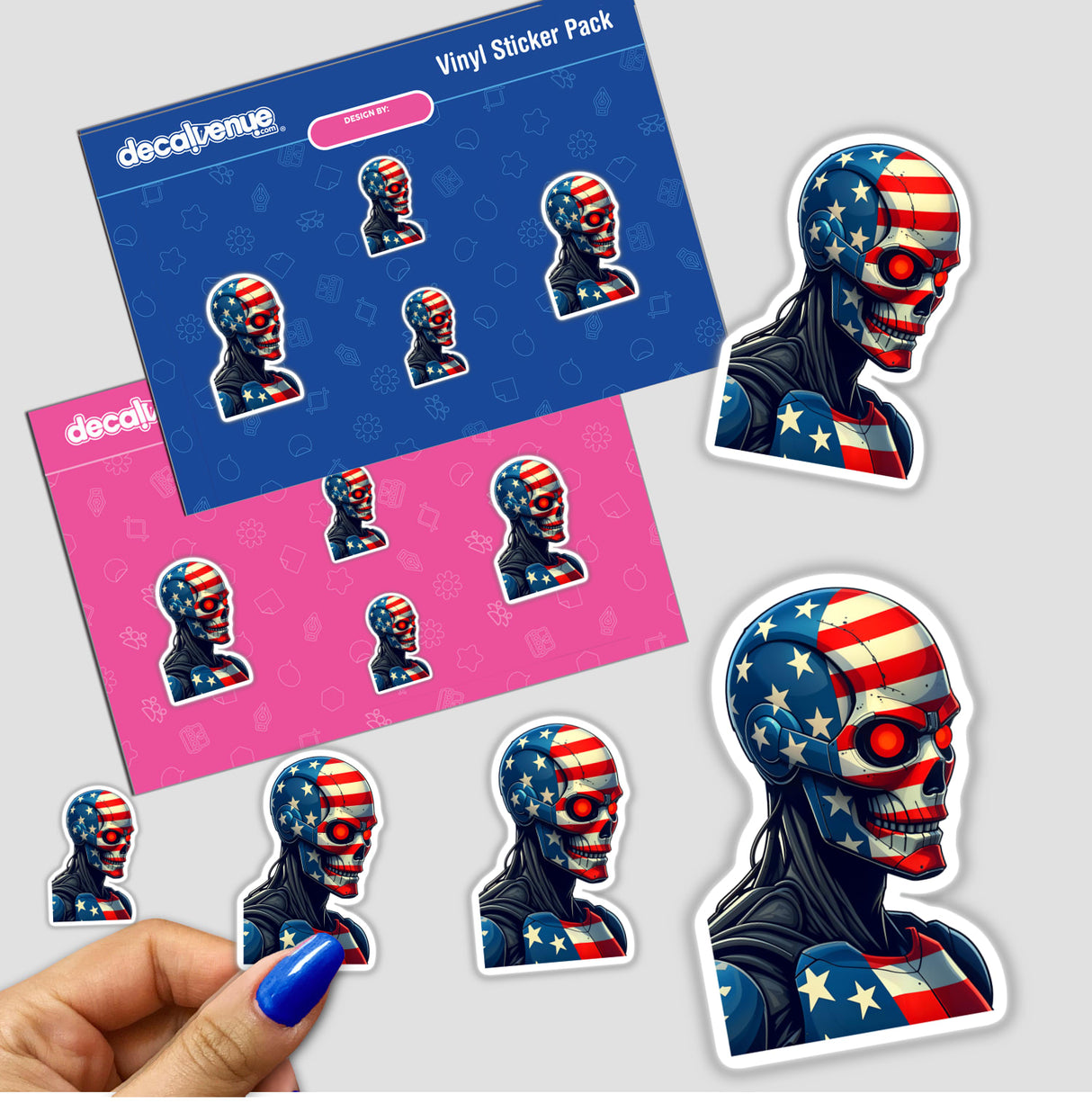 A Cool American Flag Army Cyborg sticker featuring a skull with an American flag design, held in a close-up of a person's hand, showcasing unique digital art and sticker style.