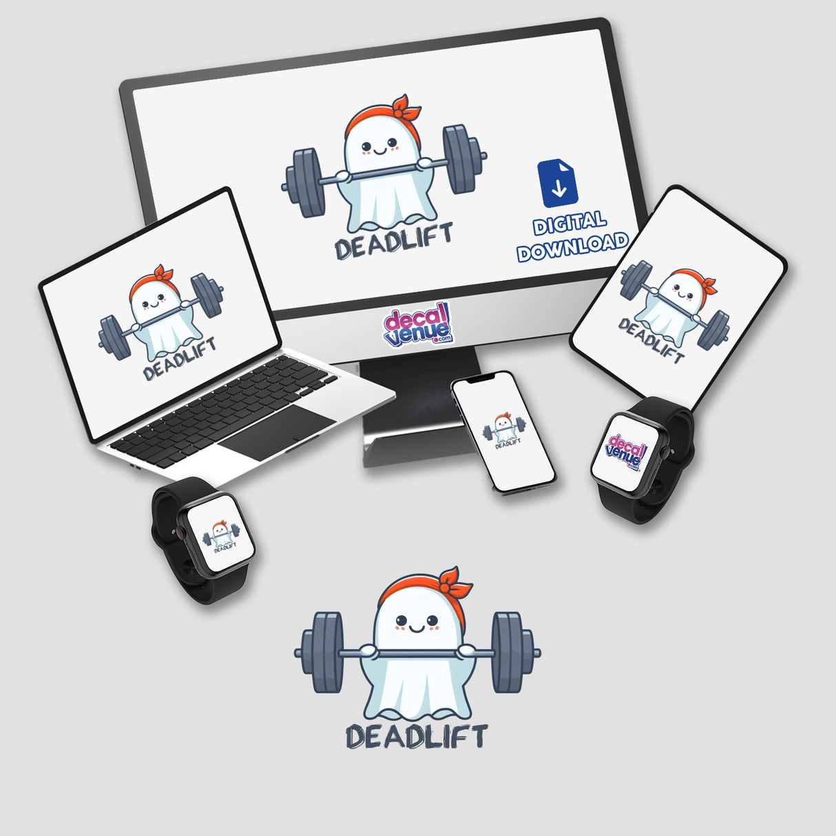 Cute Deadlift Ghost stickers or digital artwork featuring a cartoon ghost lifting weights displayed on various devices including a laptop, monitor, tablet, cellphone, and smartwatch.