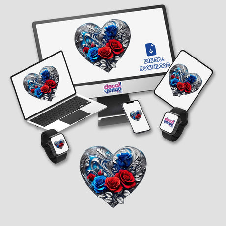 Elegant Silver Blue Heart with Red and Blue Roses displayed on a computer monitor, laptop, and smartwatch screens, available as stickers or digital artwork from Decal Venue.