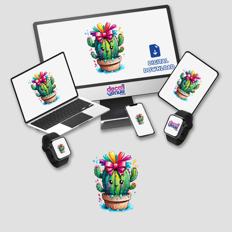 Happy cactus stickers and digital artwork displayed on a monitor, laptop, smartphone, smartwatch, and tablet, featuring cartoon cacti with bows.