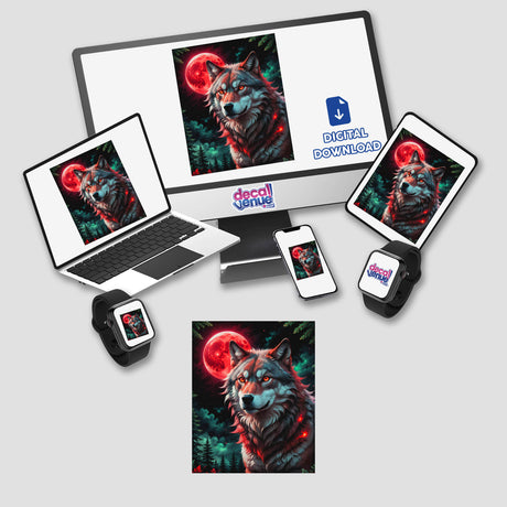 Wolf digital artwork displayed on a computer monitor and laptop, titled A Wolf In The Night With A Blood Moon, available as stickers or digital artwork from Decal Venue.