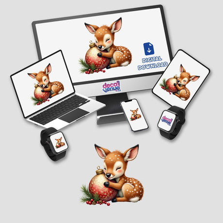 Baby Deer Sleeping on Christmas Ornament displayed on a computer monitor and laptop, showcasing digital artwork available as stickers from Decal Venue.