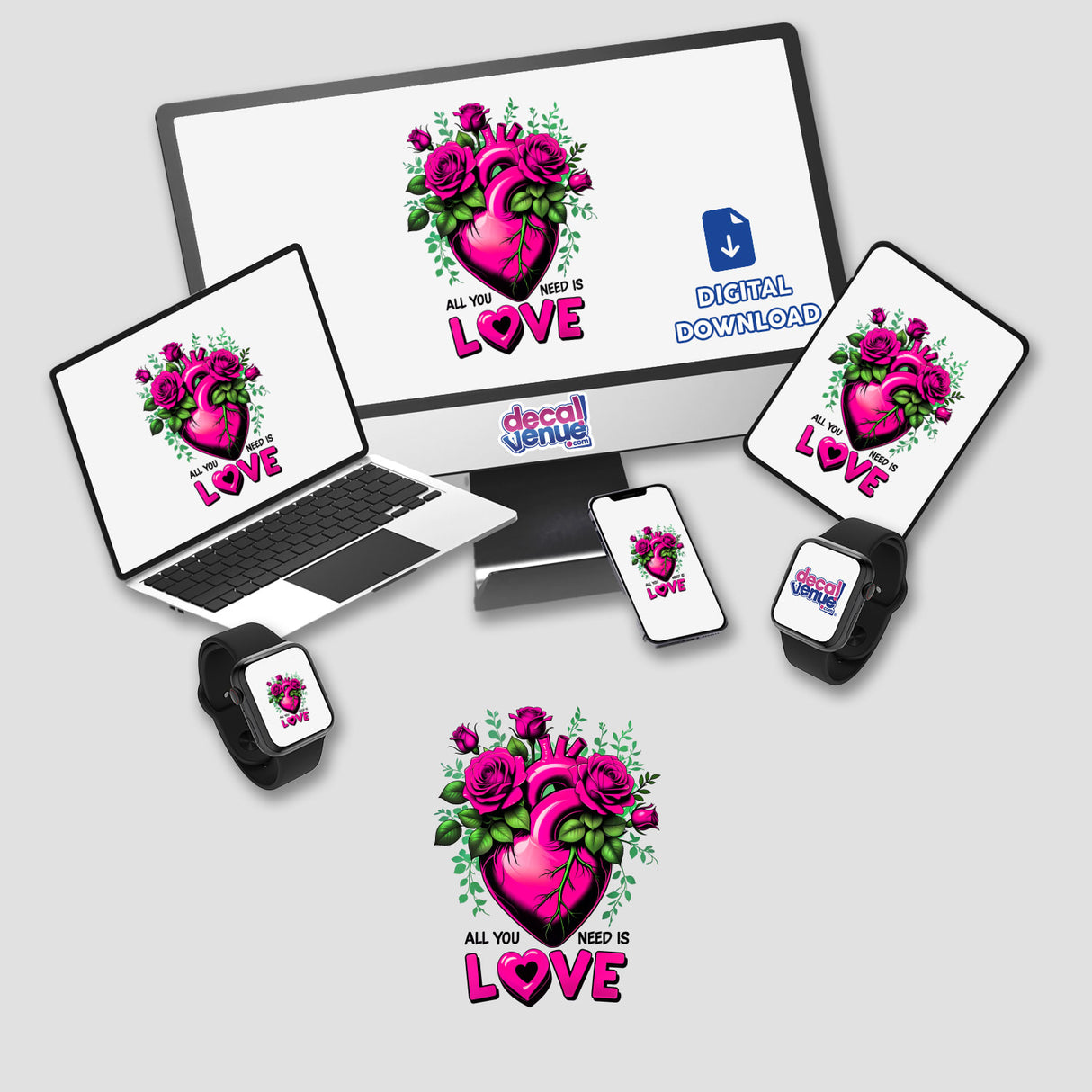 All You Need Is Love design featuring pink roses and hearts on a computer monitor and laptop, available as stickers or digital artwork from Decal Venue.