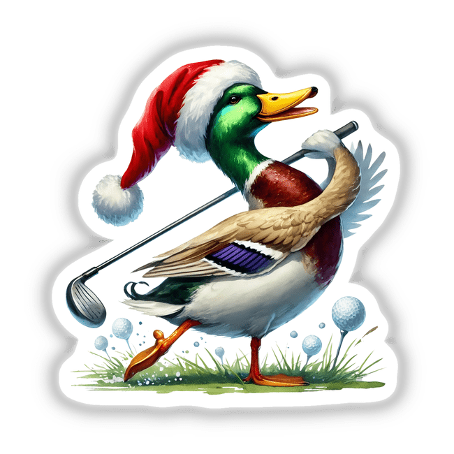 Mallard Duck Santa Swinging Golf Club II: A whimsical illustration of a duck in a Santa hat, holding a golf club, available as stickers or digital artwork, reflecting Decal Venue's unique artistic offerings.