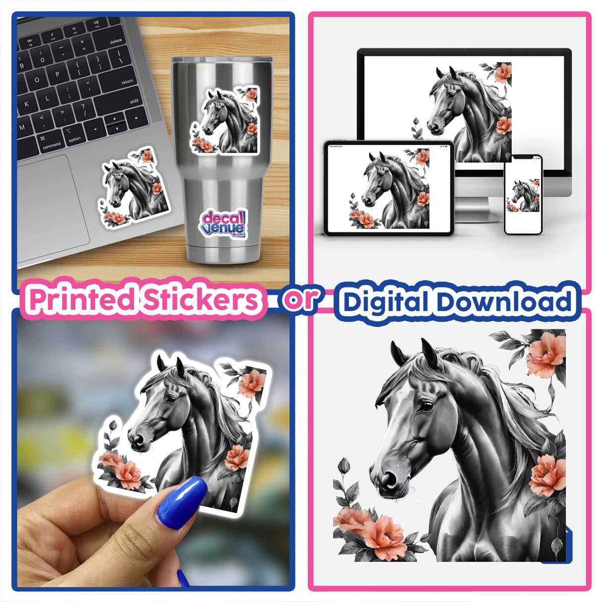 Horse Floral Accents PA11 sticker collage, featuring intricate horse designs with floral embellishments, displayed on a laptop and held in hand for close-up detail.