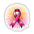 Pink Ribbon and Sunburst Breast Cancer Awareness sticker or digital artwork, featuring a pink ribbon with a sunburst design, ideal for supporting breast cancer awareness campaigns.