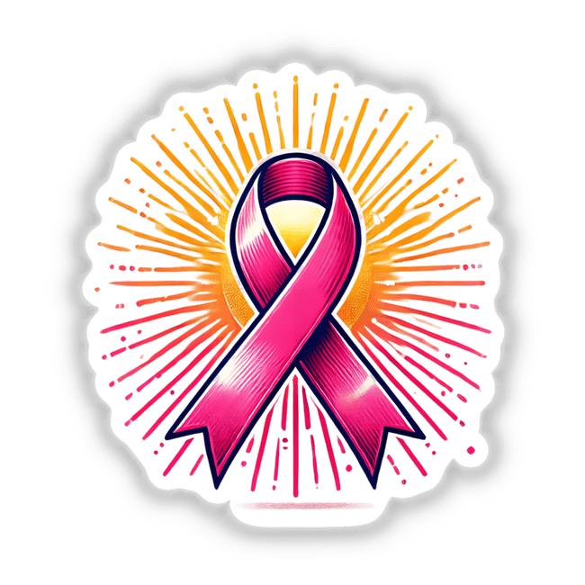 Pink Ribbon and Sunburst Breast Cancer Awareness sticker or digital artwork, featuring a pink ribbon with a sunburst design, ideal for supporting breast cancer awareness campaigns.